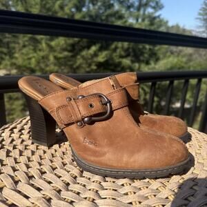Born Shoes Womens 9 40.5 Brown Leather Studded Buckle Slip On Heeled Mule Clog
